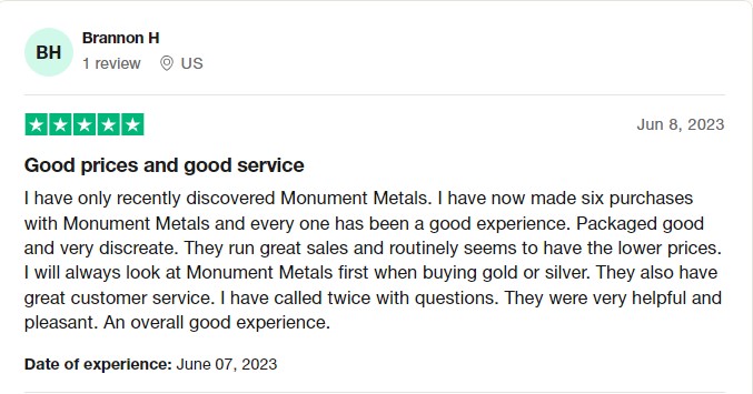 Monument Metals Review customer testimonial outstanding customer service